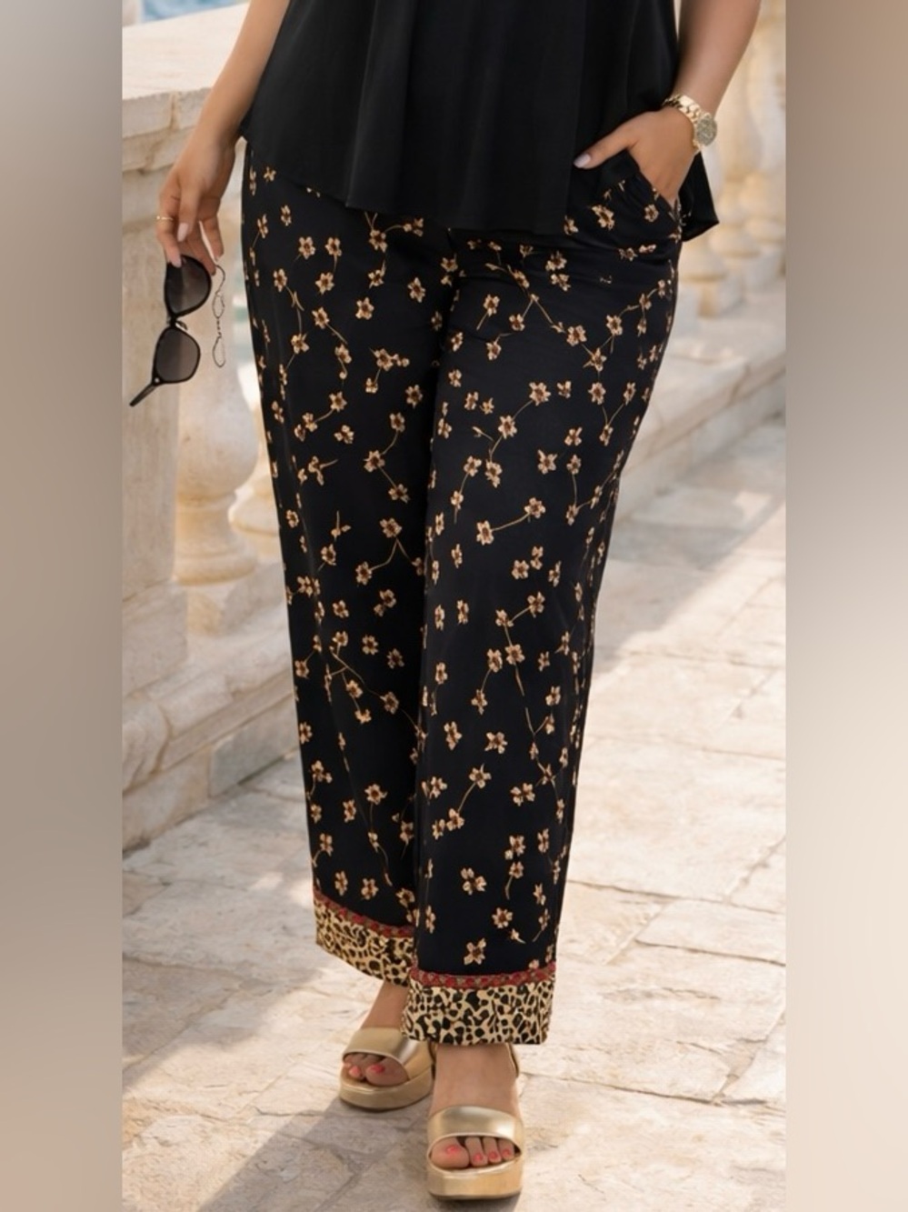 “Silk Club” Black Trousers w/Beaded Floral Pattern | Size 24